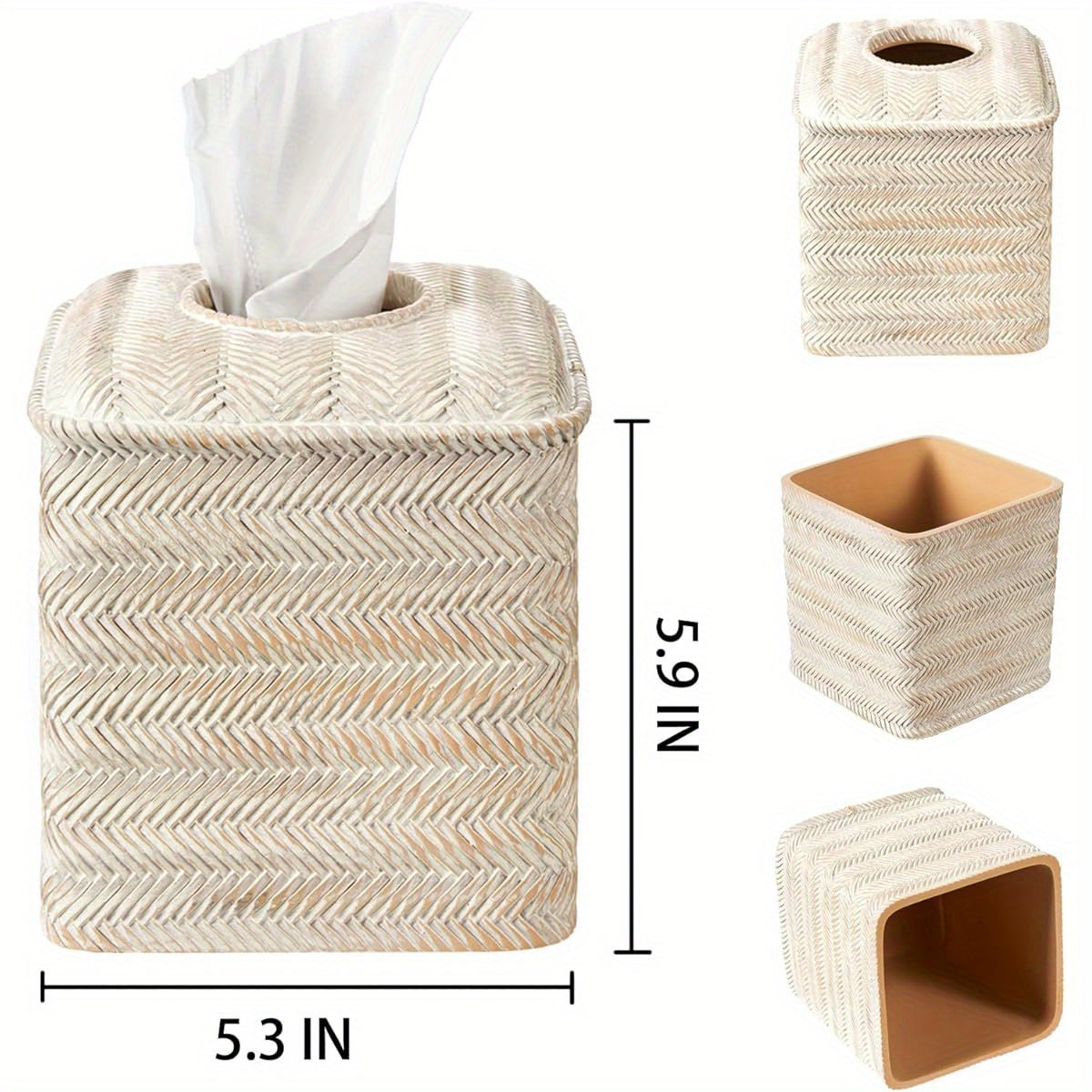 Hand-Carved Wicker Tissue Box Cover - Square Resin Holder with Textured Design, 5.3 x 5.3 x 5.9 Inches, Farmhouse Style for Home Decor, Bathroom & Living Room, Bathroom Decor And Accessories, Decorative Tissue Holder, Natural Finish