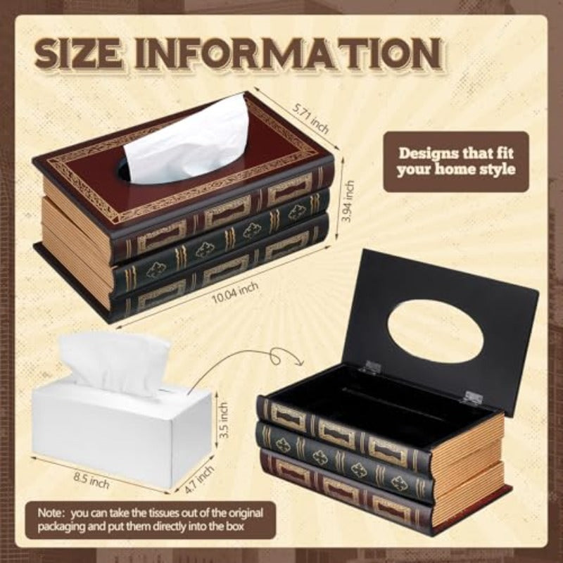 2pcs Wooden Retro Book Tissue Box Cover Antique Tissue Box Cover Rectangular Classical Novelty Paper Holder Dispenser Medieval Home Decor for Living Room Offi Car Kitchen, Car Organizer, Office Decor, Classical Style, Medieval Aesthetic, Classic Finish,