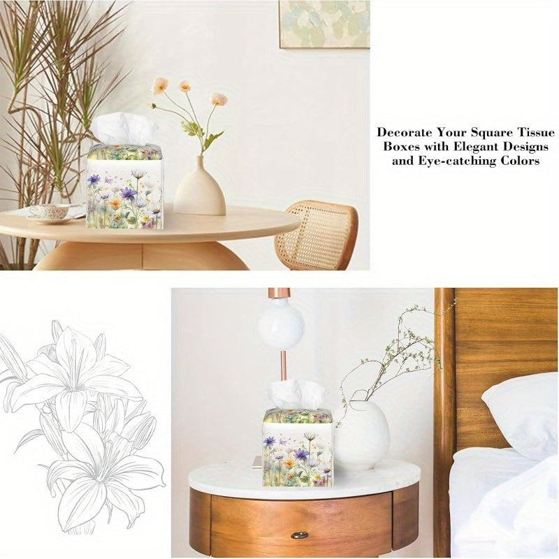 Watercolor Summer Floral Tissue Box Cover - Purple & White Square PVC Leather Holder with Closure, Fit for Bathroom, Desk, Home Decor - Decorative Organizer, Easy to Clean, Bathroom Organizers And Storage, Artistic Design, Soft Texture, Nightstand