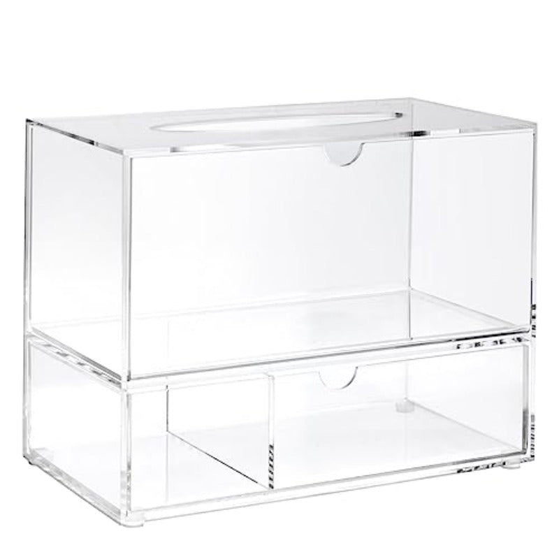 1pc Clear Tissue Box Holder with 3-Drawer Organizer - Heavy-Duty Modern Rectangular Dispenser with Pull-Out Drawers, Space-Saving Bathroom/Vanity Cabinet Storage, Fits Standard Tissues & Caddy Systems, 9.3” Wide, 3-Compartment Drawer, Dust-Resistant &