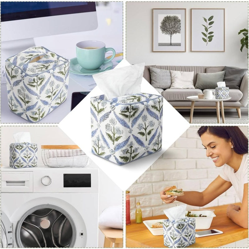 1pc Elegant Fabric Tissue Box Cover & Napkin Holder - Blue Floral Print with Golden Leaf & Leaf Label Trim, Soft Pastel Blue/Green/White, Fits Square/Rectangular Tissue Boxes, Space-Saving Decorative Storage for Bathroom, Bedroom, Office - Handmade-Look