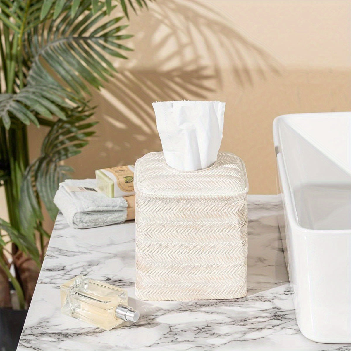 Hand-Carved Wicker Tissue Box Cover - Square Resin Holder with Textured Design, 5.3 x 5.3 x 5.9 Inches, Farmhouse Style for Home Decor, Bathroom & Living Room, Bathroom Decor And Accessories, Decorative Tissue Holder, Natural Finish