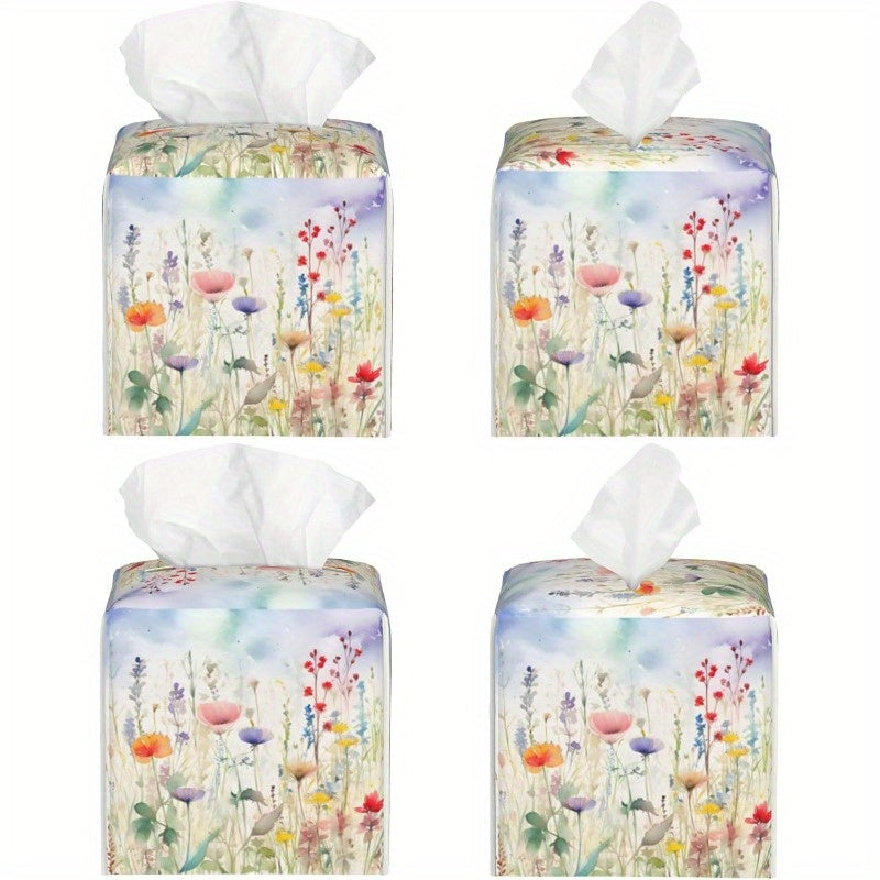 Waterproof PVC Leather Watercolor Floral Tissue Box Cover - Square Decorative Holder with Multicolor Flowers, Fit for Bathroom, Home, Car & Office, Portable Tissue Dispenser Organizer (5.2x5.2x5.2in) - Ideal Gift for Housewarming & Birthdays