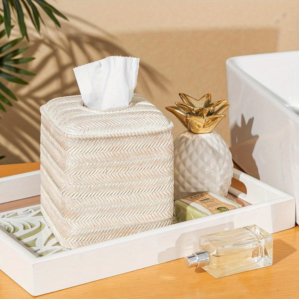 Hand-Carved Wicker Tissue Box Cover - Square Resin Holder with Textured Design, 5.3 x 5.3 x 5.9 Inches, Farmhouse Style for Home Decor, Bathroom & Living Room, Bathroom Decor And Accessories, Decorative Tissue Holder, Natural Finish