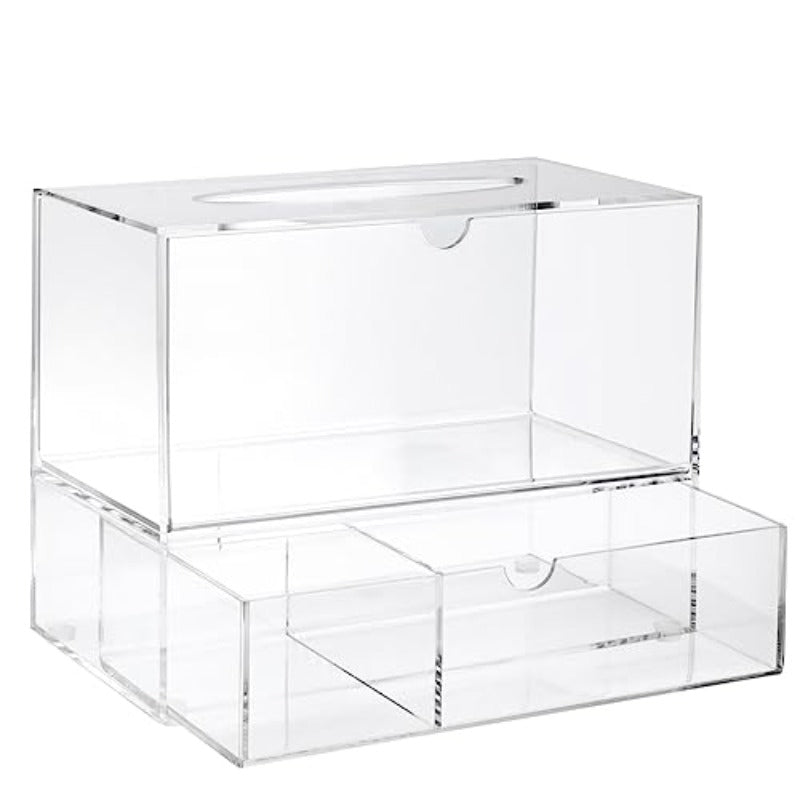 1pc Clear Tissue Box Holder with 3-Drawer Organizer - Heavy-Duty Modern Rectangular Dispenser with Pull-Out Drawers, Space-Saving Bathroom/Vanity Cabinet Storage, Fits Standard Tissues & Caddy Systems, 9.3” Wide, 3-Compartment Drawer, Dust-Resistant &