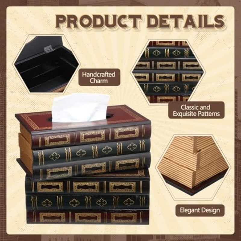 2pcs Wooden Retro Book Tissue Box Cover Antique Tissue Box Cover Rectangular Classical Novelty Paper Holder Dispenser Medieval Home Decor for Living Room Offi Car Kitchen, Car Organizer, Office Decor, Classical Style, Medieval Aesthetic, Classic Finish,