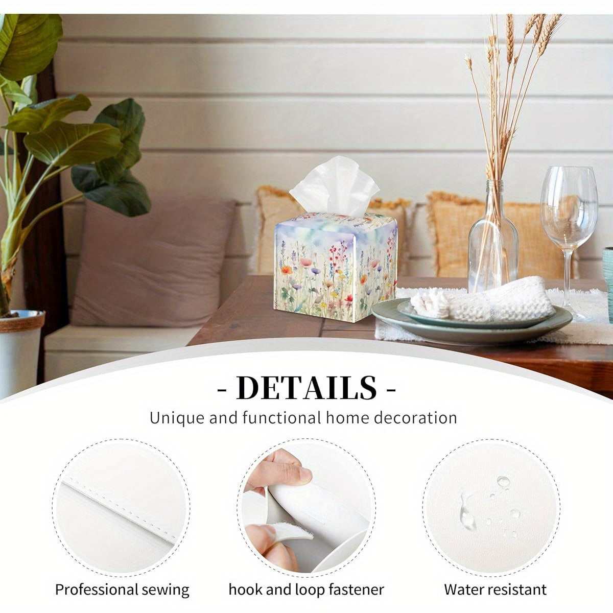 Watercolor Flower Tissue Box Cover Square, Colorful Flowers Tissue Box Holder Waterproof Leather Facial Paper Organizer Dispenser for Bathroom Home Car Nightstand Vanity Desk