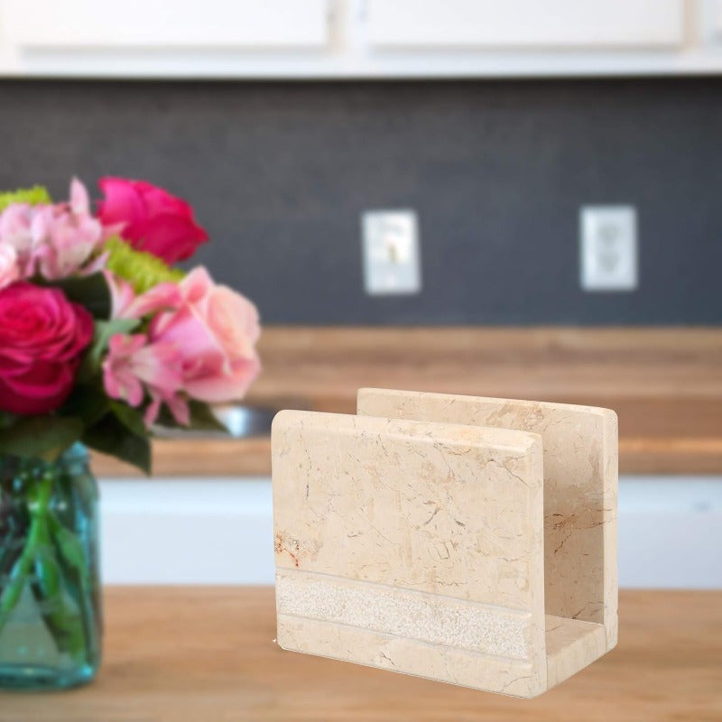 Natural Champagne Marble Hand Carved Collection Tabletop Napkin Holder Stand Tissue Paper Dispenser Decorative Kitchen Countertop Dining Table Organizer 3" x 5.8" x 4.5" H Beige