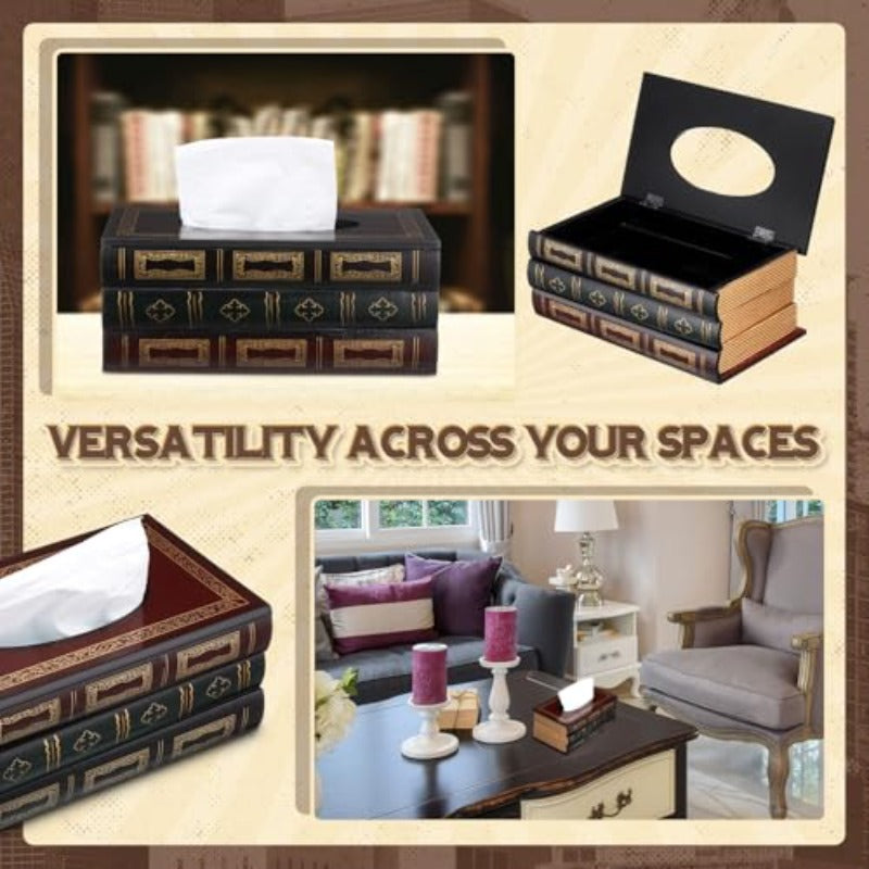 2pcs Wooden Retro Book Tissue Box Cover Antique Tissue Box Cover Rectangular Classical Novelty Paper Holder Dispenser Medieval Home Decor for Living Room Offi Car Kitchen, Car Organizer, Office Decor, Classical Style, Medieval Aesthetic, Classic Finish,