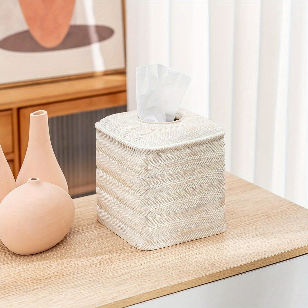 Hand-Carved Wicker Tissue Box Cover - Square Resin Holder with Textured Design, 5.3 x 5.3 x 5.9 Inches, Farmhouse Style for Home Decor, Bathroom & Living Room, Bathroom Decor And Accessories, Decorative Tissue Holder, Natural Finish