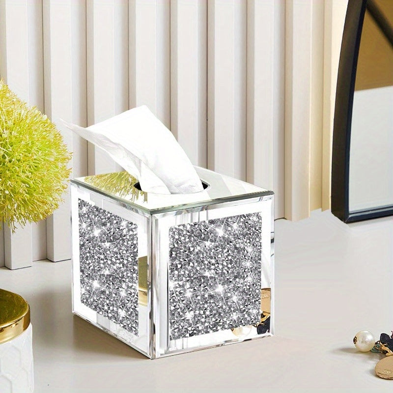 Square Mirrored Tissue Box CoverCrystal Crushed Diamond Tissue Box Silvery Luxury Tissue Holders for Either Tissues in a Bathroom or Napkins on a Table. 5.5 x5.5 x5.5, Luxury Home Accessory, Napkin Holder, Elegant Decor, Stylish Organizer, Decorative