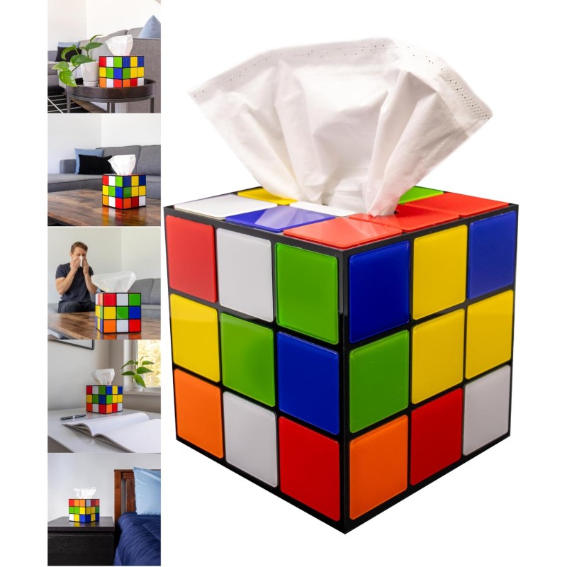 Magic Cube Tissue Box Cover Retro Home Decor Funky Furniture Magnetic Bottom Lid Fun House 80 s Home Decor Funny Tissue Box Cover