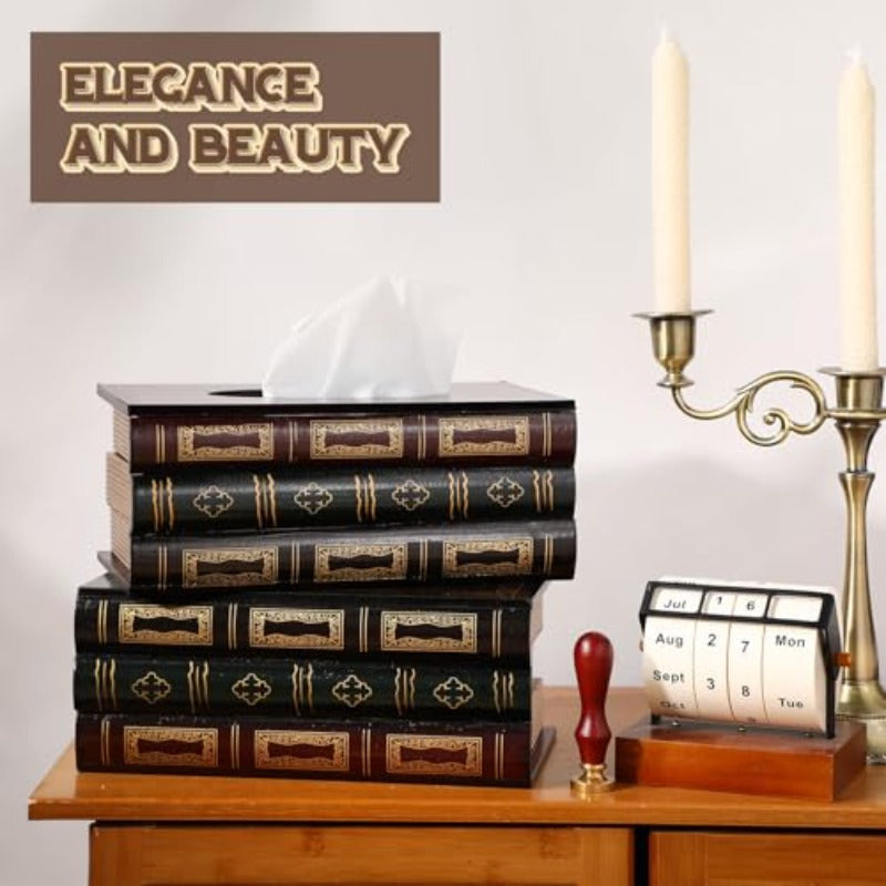 2pcs Wooden Retro Book Tissue Box Cover Antique Tissue Box Cover Rectangular Classical Novelty Paper Holder Dispenser Medieval Home Decor for Living Room Offi Car Kitchen, Car Organizer, Office Decor, Classical Style, Medieval Aesthetic, Classic Finish,
