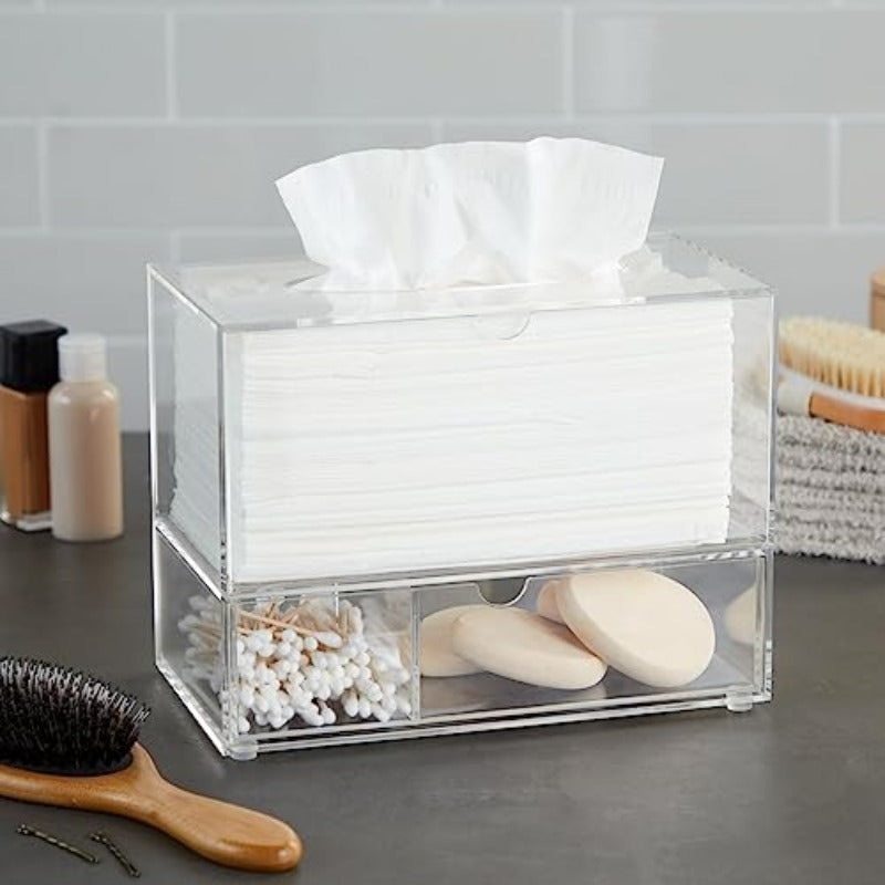 1pc Clear Tissue Box Holder with 3-Drawer Organizer - Heavy-Duty Modern Rectangular Dispenser with Pull-Out Drawers, Space-Saving Bathroom/Vanity Cabinet Storage, Fits Standard Tissues & Caddy Systems, 9.3” Wide, 3-Compartment Drawer, Dust-Resistant &