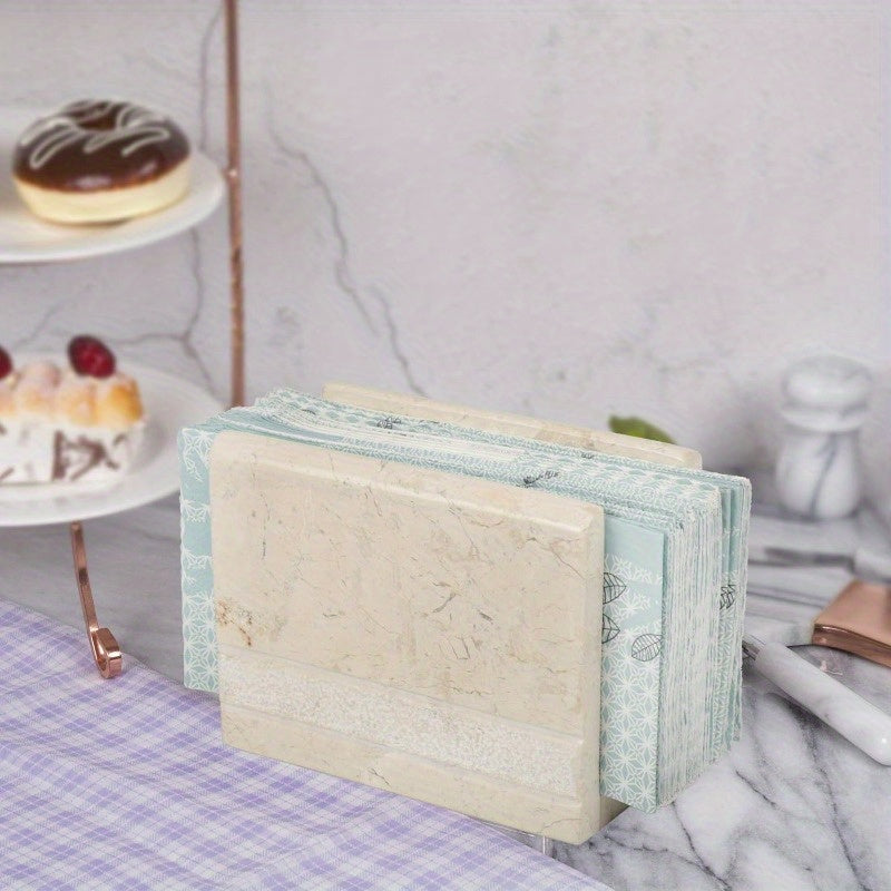 Natural Champagne Marble Hand Carved Collection Tabletop Napkin Holder Stand Tissue Paper Dispenser Decorative Kitchen Countertop Dining Table Organizer 3" x 5.8" x 4.5" H Beige
