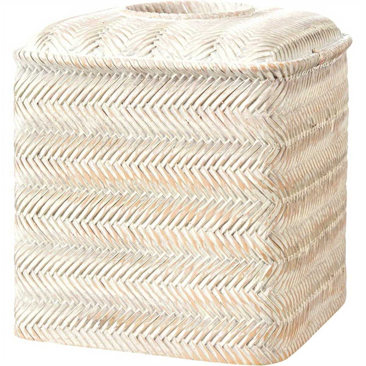 Hand-Carved Wicker Tissue Box Cover - Square Resin Holder with Textured Design, 5.3 x 5.3 x 5.9 Inches, Farmhouse Style for Home Decor, Bathroom & Living Room, Bathroom Decor And Accessories, Decorative Tissue Holder, Natural Finish