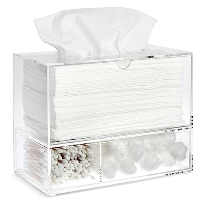 1pc Clear Tissue Box Holder with 3-Drawer Organizer - Heavy-Duty Modern Rectangular Dispenser with Pull-Out Drawers, Space-Saving Bathroom/Vanity Cabinet Storage, Fits Standard Tissues & Caddy Systems, 9.3” Wide, 3-Compartment Drawer, Dust-Resistant &