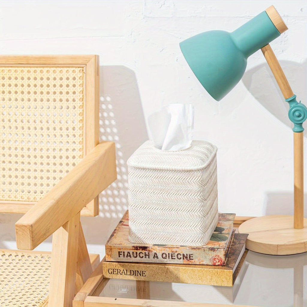 Hand-Carved Wicker Tissue Box Cover - Square Resin Holder with Textured Design, 5.3 x 5.3 x 5.9 Inches, Farmhouse Style for Home Decor, Bathroom & Living Room, Bathroom Decor And Accessories, Decorative Tissue Holder, Natural Finish