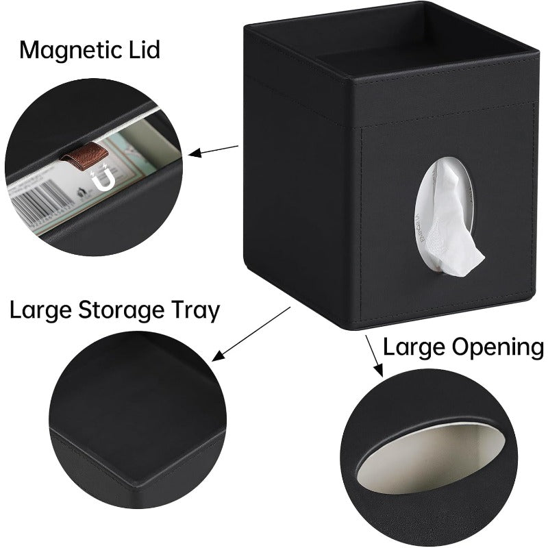 Modern Faux Leather Tissue Box Cover with Storage Tray - Square Decorative Organizer with Open-Top Lid & Hygienic Design, Space-Saving Black Tissue Holder for Bathroom Vanity, Bedroom Nightstand, Office Desk - Durable & Easy-Clean Surface, Fits Standard