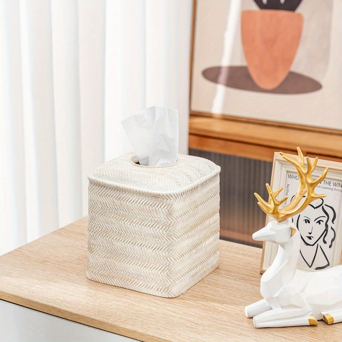 Hand-Carved Wicker Tissue Box Cover - Square Resin Holder with Textured Design, 5.3 x 5.3 x 5.9 Inches, Farmhouse Style for Home Decor, Bathroom & Living Room, Bathroom Decor And Accessories, Decorative Tissue Holder, Natural Finish