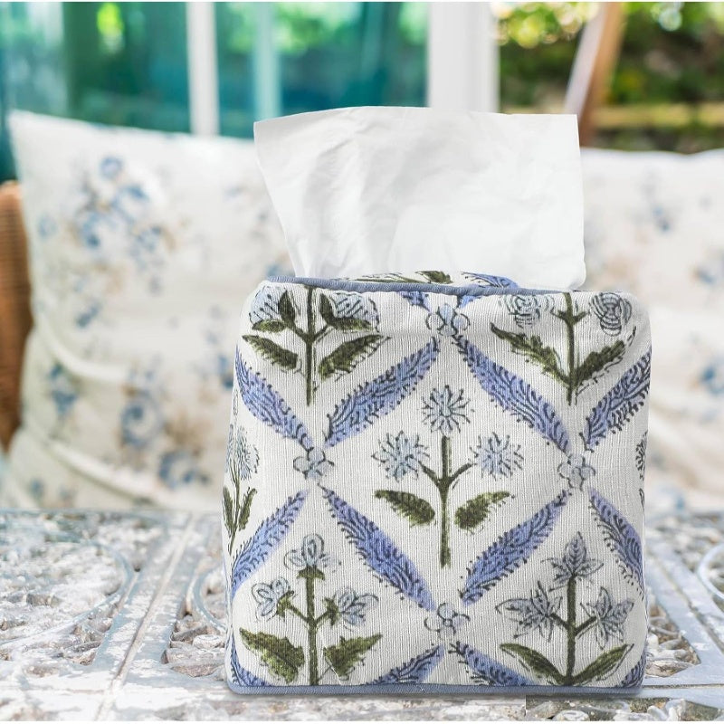 1pc Elegant Fabric Tissue Box Cover & Napkin Holder - Blue Floral Print with Golden Leaf & Leaf Label Trim, Soft Pastel Blue/Green/White, Fits Square/Rectangular Tissue Boxes, Space-Saving Decorative Storage for Bathroom, Bedroom, Office - Handmade-Look
