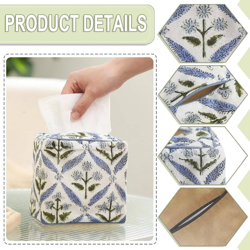 1pc Elegant Fabric Tissue Box Cover & Napkin Holder - Blue Floral Print with Golden Leaf & Leaf Label Trim, Soft Pastel Blue/Green/White, Fits Square/Rectangular Tissue Boxes, Space-Saving Decorative Storage for Bathroom, Bedroom, Office - Handmade-Look
