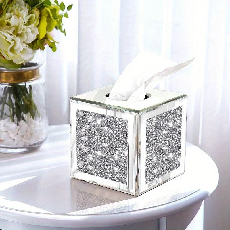 Square Mirrored Tissue Box CoverCrystal Crushed Diamond Tissue Box Silvery Luxury Tissue Holders for Either Tissues in a Bathroom or Napkins on a Table. 5.5 x5.5 x5.5, Luxury Home Accessory, Napkin Holder, Elegant Decor, Stylish Organizer, Decorative