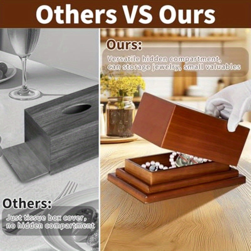 Solid Wood Tissue Box Cover with Hidden Secret Storage Compartment - Hidden Organizer for Bathroom, Living Room, Office - Decorative Cube tissue holder with Smooth Dispensing Slot, Fits Standard Rectangular Boxes (9.5x5.5x2.36in) - Ideal for Home,