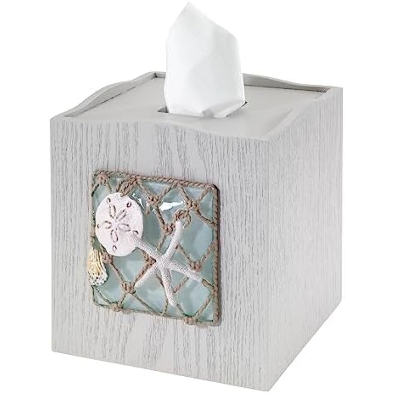 1pc Coastal Tissue Box Cover - Elegant Beach Bathroom Decor in Turquoise Blue & White, Decorative Resin Storage Lid with Open Center, Seaglass Collection - Compatible with Tissue Boxes, Candles, Soap Dispensers - Easy-Clean Bathroom Organizer for Coastal