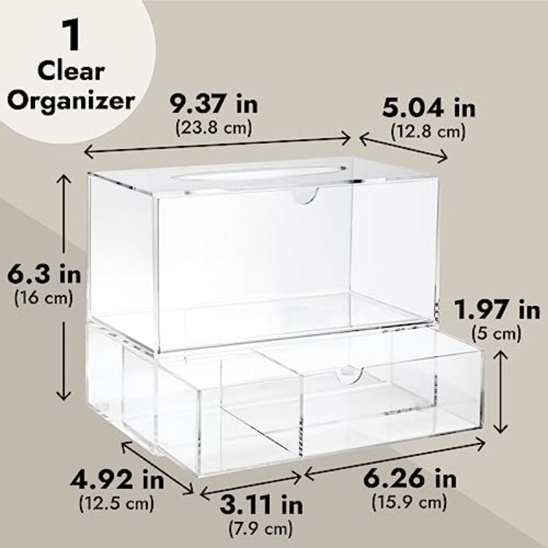 1pc Clear Tissue Box Holder with 3-Drawer Organizer - Heavy-Duty Modern Rectangular Dispenser with Pull-Out Drawers, Space-Saving Bathroom/Vanity Cabinet Storage, Fits Standard Tissues & Caddy Systems, 9.3” Wide, 3-Compartment Drawer, Dust-Resistant &