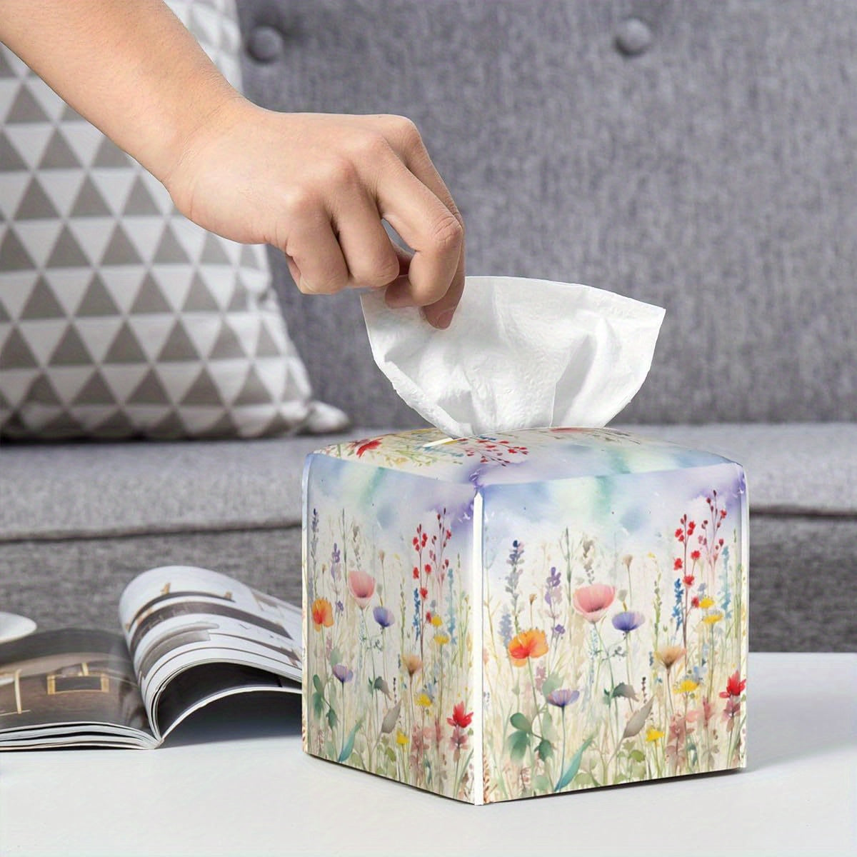 Watercolor Flower Tissue Box Cover Square, Colorful Flowers Tissue Box Holder Waterproof Leather Facial Paper Organizer Dispenser for Bathroom Home Car Nightstand Vanity Desk