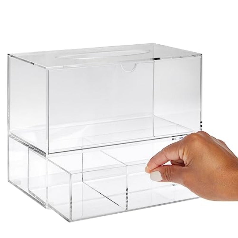 1pc Clear Tissue Box Holder with 3-Drawer Organizer - Heavy-Duty Modern Rectangular Dispenser with Pull-Out Drawers, Space-Saving Bathroom/Vanity Cabinet Storage, Fits Standard Tissues & Caddy Systems, 9.3” Wide, 3-Compartment Drawer, Dust-Resistant &