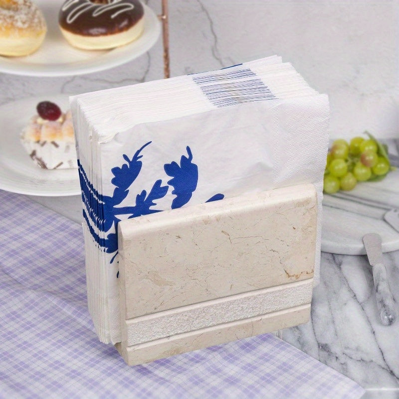 Natural Champagne Marble Hand Carved Collection Tabletop Napkin Holder Stand Tissue Paper Dispenser Decorative Kitchen Countertop Dining Table Organizer 3" x 5.8" x 4.5" H Beige