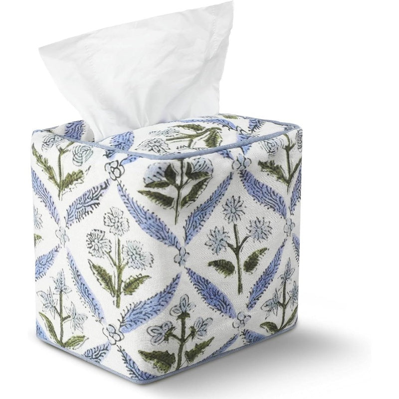 1pc Elegant Fabric Tissue Box Cover & Napkin Holder - Blue Floral Print with Golden Leaf & Leaf Label Trim, Soft Pastel Blue/Green/White, Fits Square/Rectangular Tissue Boxes, Space-Saving Decorative Storage for Bathroom, Bedroom, Office - Handmade-Look