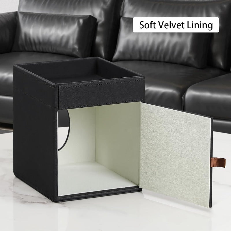 Modern Faux Leather Tissue Box Cover with Storage Tray - Square Decorative Organizer with Open-Top Lid & Hygienic Design, Space-Saving Black Tissue Holder for Bathroom Vanity, Bedroom Nightstand, Office Desk - Durable & Easy-Clean Surface, Fits Standard