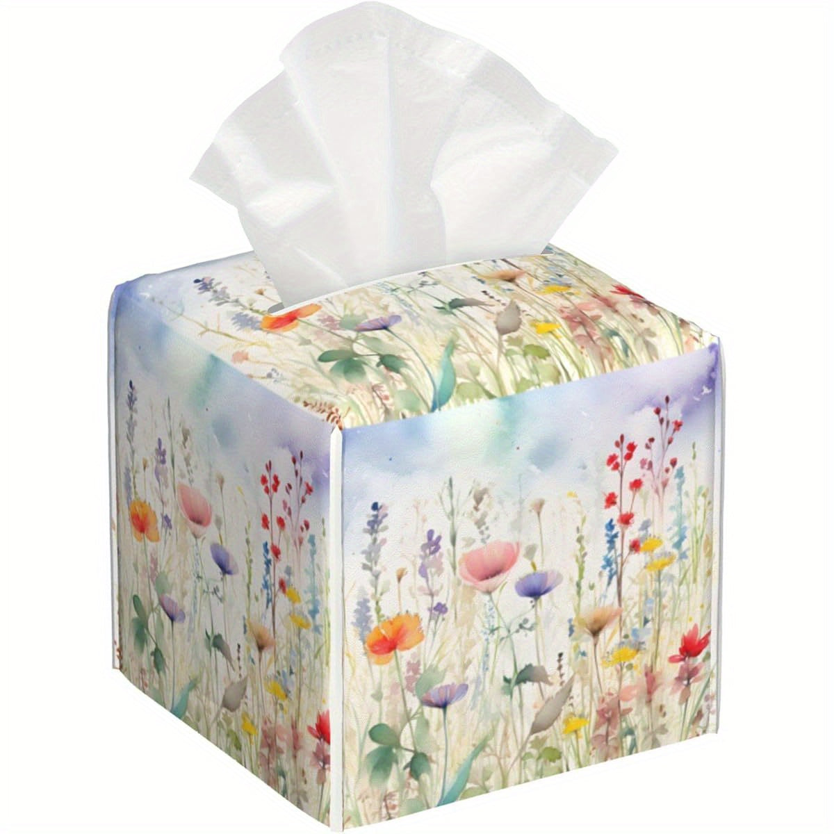 Watercolor Flower Tissue Box Cover Square, Colorful Flowers Tissue Box Holder Waterproof Leather Facial Paper Organizer Dispenser for Bathroom Home Car Nightstand Vanity Desk