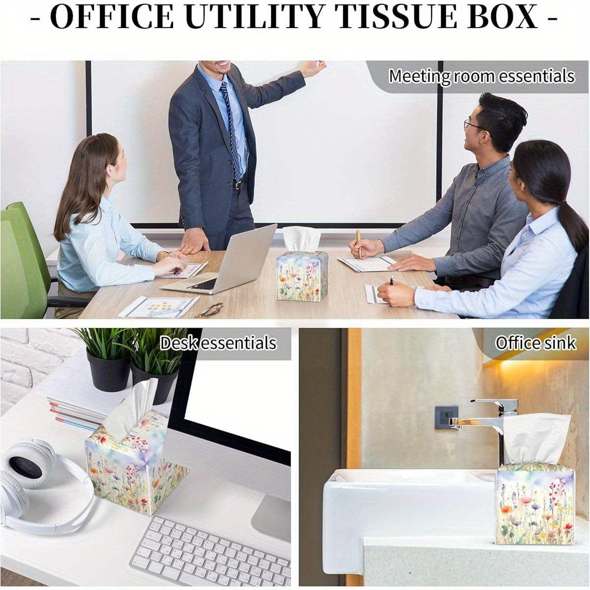 Watercolor Flower Tissue Box Cover Square, Colorful Flowers Tissue Box Holder Waterproof Leather Facial Paper Organizer Dispenser for Bathroom Home Car Nightstand Vanity Desk