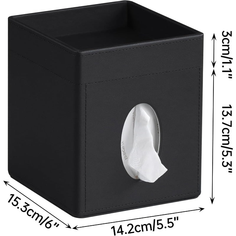 Modern Faux Leather Tissue Box Cover with Storage Tray - Square Decorative Organizer with Open-Top Lid & Hygienic Design, Space-Saving Black Tissue Holder for Bathroom Vanity, Bedroom Nightstand, Office Desk - Durable & Easy-Clean Surface, Fits Standard