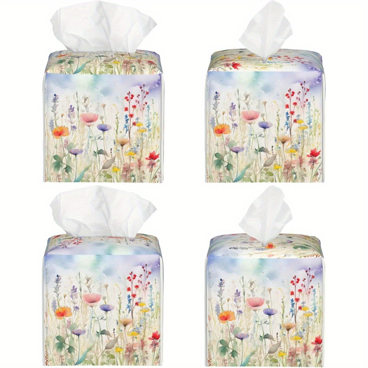 Watercolor Flower Tissue Box Cover Square, Colorful Flowers Tissue Box Holder Waterproof Leather Facial Paper Organizer Dispenser for Bathroom Home Car Nightstand Vanity Desk