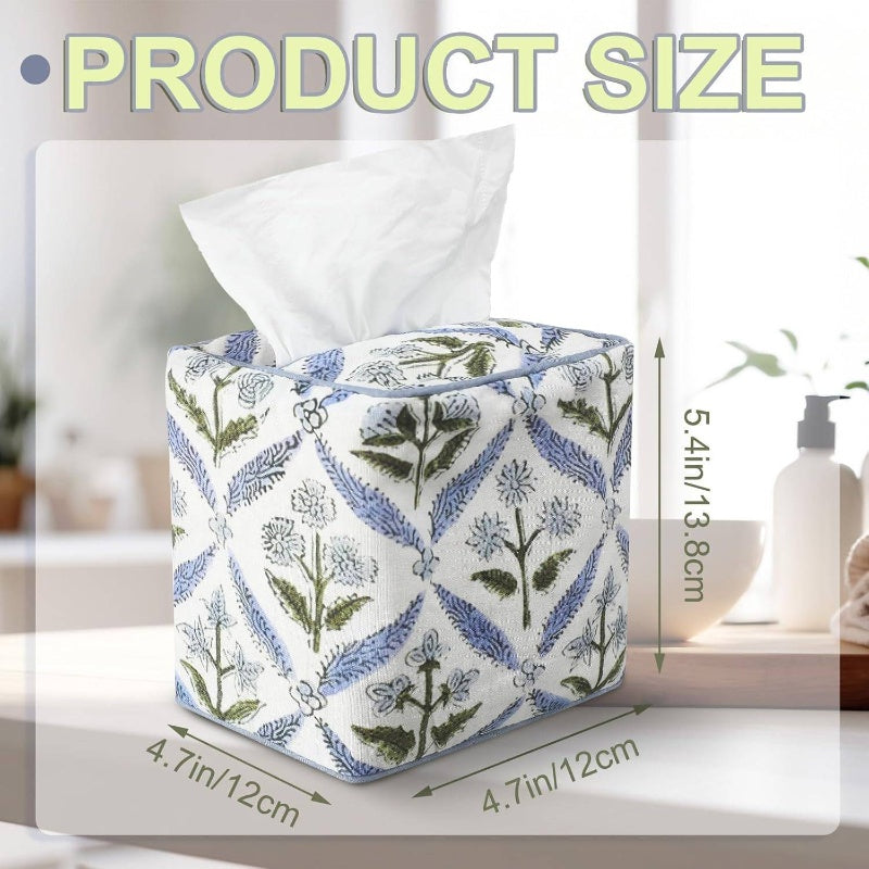 1pc Elegant Fabric Tissue Box Cover & Napkin Holder - Blue Floral Print with Golden Leaf & Leaf Label Trim, Soft Pastel Blue/Green/White, Fits Square/Rectangular Tissue Boxes, Space-Saving Decorative Storage for Bathroom, Bedroom, Office - Handmade-Look