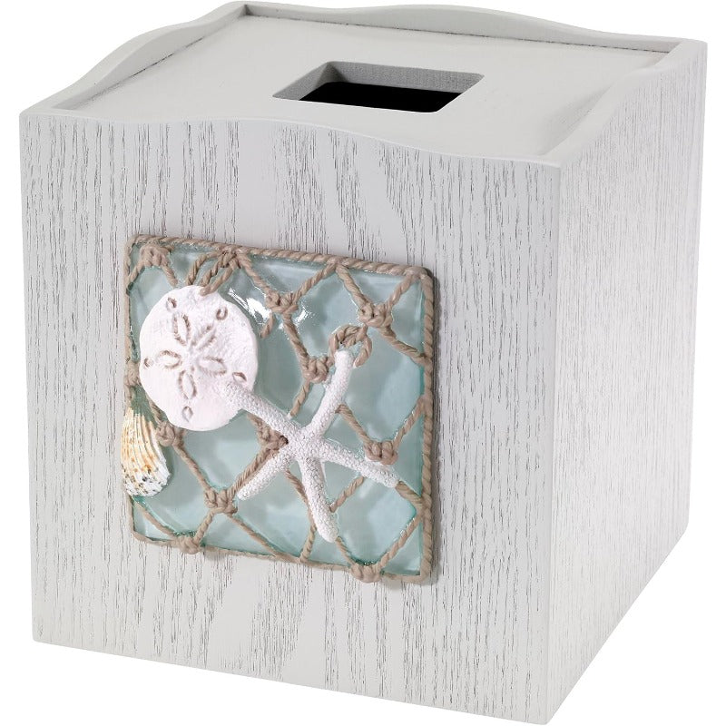 1pc Coastal Tissue Box Cover - Elegant Beach Bathroom Decor in Turquoise Blue & White, Decorative Resin Storage Lid with Open Center, Seaglass Collection - Compatible with Tissue Boxes, Candles, Soap Dispensers - Easy-Clean Bathroom Organizer for Coastal