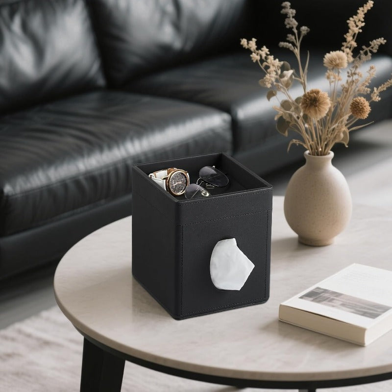Modern Faux Leather Tissue Box Cover with Storage Tray - Square Decorative Organizer with Open-Top Lid & Hygienic Design, Space-Saving Black Tissue Holder for Bathroom Vanity, Bedroom Nightstand, Office Desk - Durable & Easy-Clean Surface, Fits Standard