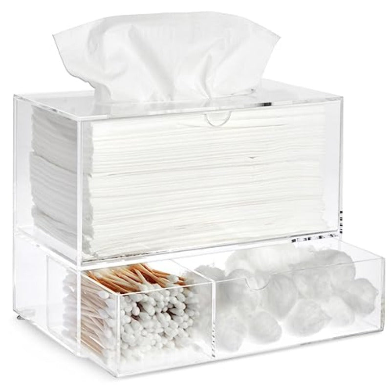 1pc Clear Tissue Box Holder with 3-Drawer Organizer - Heavy-Duty Modern Rectangular Dispenser with Pull-Out Drawers, Space-Saving Bathroom/Vanity Cabinet Storage, Fits Standard Tissues & Caddy Systems, 9.3” Wide, 3-Compartment Drawer, Dust-Resistant &