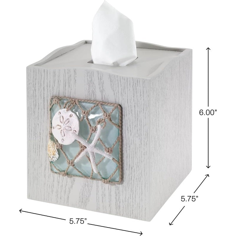 1pc Coastal Tissue Box Cover - Elegant Beach Bathroom Decor in Turquoise Blue & White, Decorative Resin Storage Lid with Open Center, Seaglass Collection - Compatible with Tissue Boxes, Candles, Soap Dispensers - Easy-Clean Bathroom Organizer for Coastal