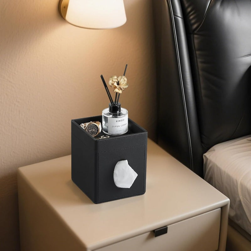 Modern Faux Leather Tissue Box Cover with Storage Tray - Square Decorative Organizer with Open-Top Lid & Hygienic Design, Space-Saving Black Tissue Holder for Bathroom Vanity, Bedroom Nightstand, Office Desk - Durable & Easy-Clean Surface, Fits Standard
