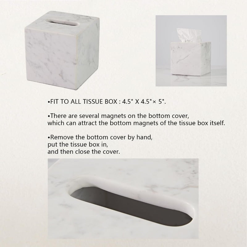 1pc Extra Large Tissue Box Holder with Marble Top - Heavy-Duty Natural Marble Construction, Removable Lid & Acrylic Base - Modern Bathroom, Living Room, Office Decor - Luxury Napkin Dispenser for Marble Countertops - Easy-Clean Surface (5.6” Wide Square