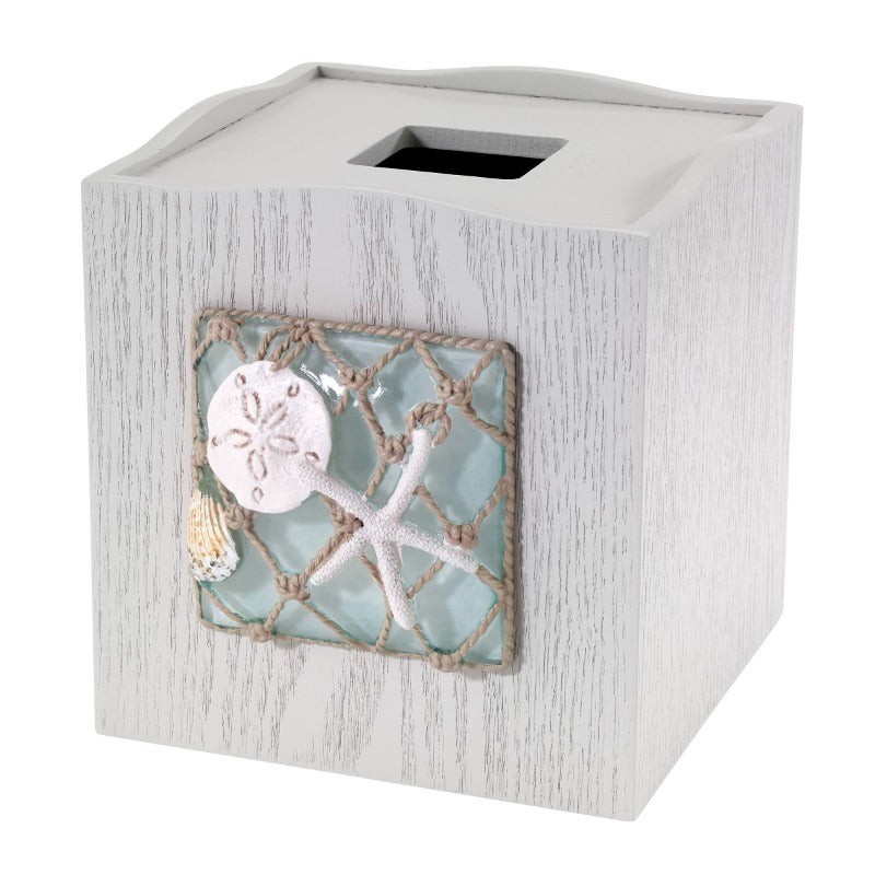 1pc Coastal Tissue Box Cover - Elegant Beach Bathroom Decor in Turquoise Blue & White, Decorative Resin Storage Lid with Open Center, Seaglass Collection - Compatible with Tissue Boxes, Candles, Soap Dispensers - Easy-Clean Bathroom Organizer for Coastal