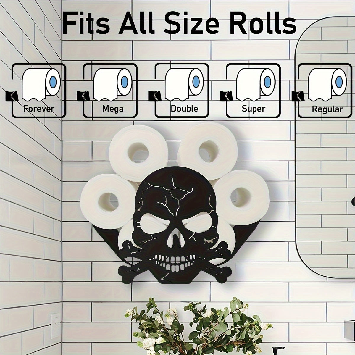 Metal Wall-Mounted Tissue Box Holder with Skull & Crossbones Design - Self-Adhesive No-Drill Bathroom & Kitchen Storage for Single/Double/Forever Rolls, Fits All Sizes, Modern Home Decor, Bathroom Storage, Decorative Accents
