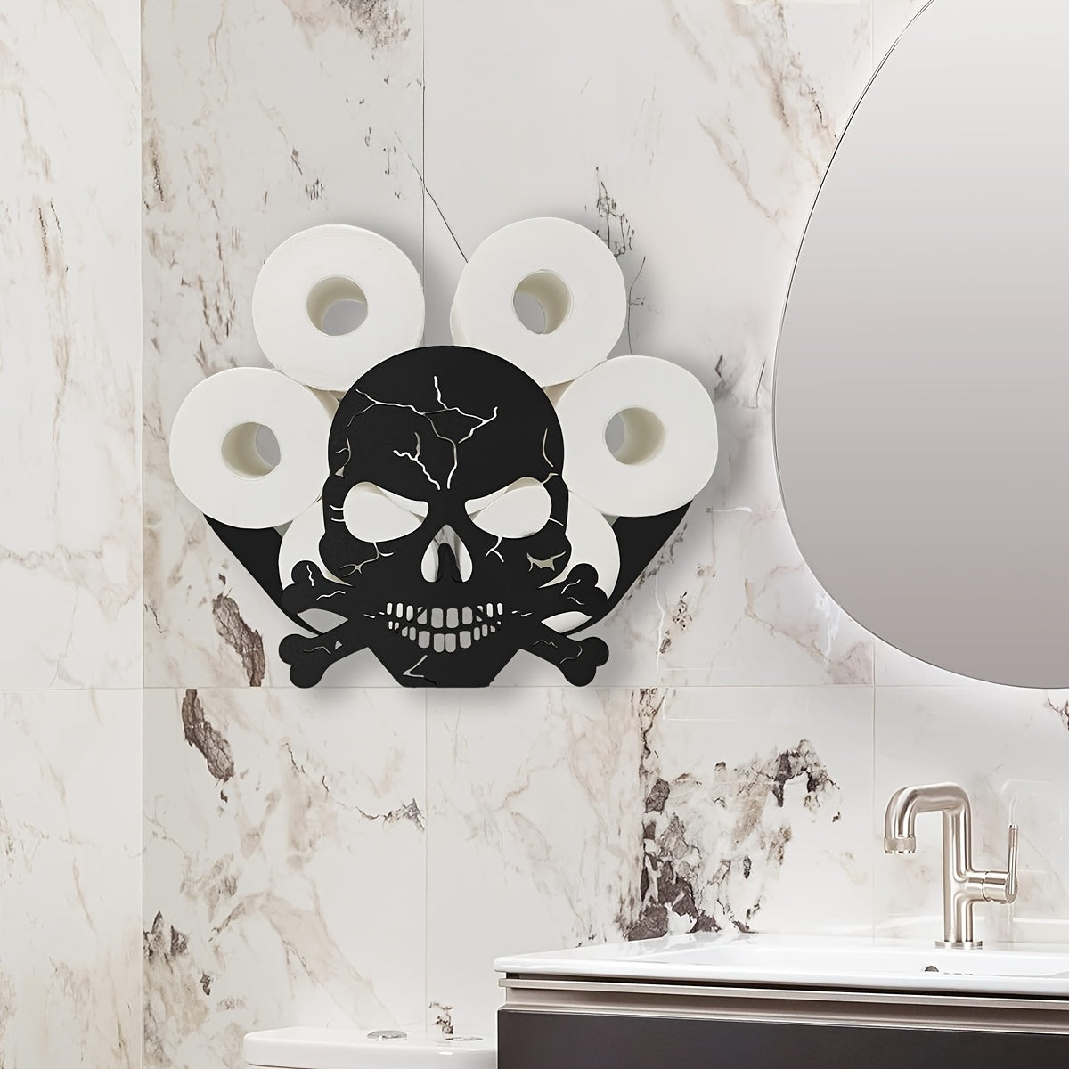 Metal Wall-Mounted Tissue Box Holder with Skull & Crossbones Design - Self-Adhesive No-Drill Bathroom & Kitchen Storage for Single/Double/Forever Rolls, Fits All Sizes, Modern Home Decor, Bathroom Storage, Decorative Accents