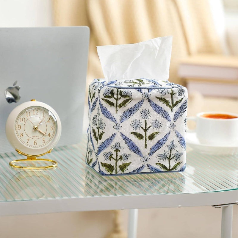 1pc Elegant Fabric Tissue Box Cover & Napkin Holder - Blue Floral Print with Golden Leaf & Leaf Label Trim, Soft Pastel Blue/Green/White, Fits Square/Rectangular Tissue Boxes, Space-Saving Decorative Storage for Bathroom, Bedroom, Office - Handmade-Look